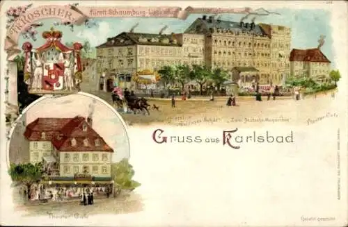 Litho Karlovy Vary Karlsbad Stadt, Hotel Goldenes Schild, Zwei Deutsche Monarchen, Café