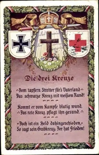 Künstler Ak Die drei Kreuze, Eisernes Kreuz, Jesuskreuz, Rotes Kreuz