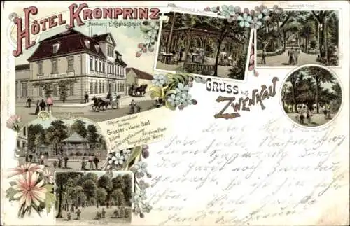 Litho Zwenkau in Sachsen, Hotel Kronprinz, Konzertgarten