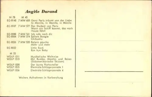 Ak Schauspielerin und Sängerin Angele Durand, Portrait, Autogramm