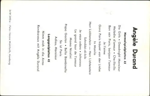 Ak Sängerin und Schauspielerin Angèle Durand, Portrait, Electrola, Autogramm