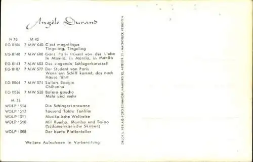 Ak Sängerin und Schauspielerin Angèle Durand, Portrait, Autogramm