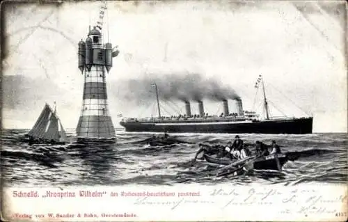 Ak Schnelldampfer Kronprinz Wilhelm, NDL, Rothesand-Leuchtturm, Fischerboot