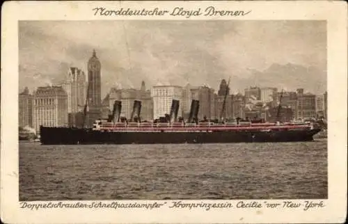 Ak Doppelschrauben-Schnellpostdampfer Kronprinzessin Cecilie, NDL, vor New York