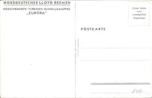 Ak Vierschrauben-Turbinen-Schnelldampfer Europa, Norddeutscher Lloyd Bremen