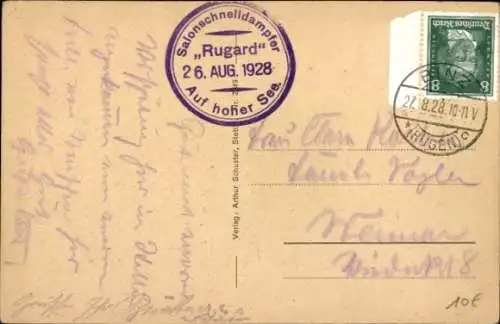 Ak Salonschnelldampfer Rugard, Reederei Braeunlich Stettin, Sassnitz Linie