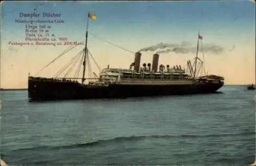 Ak Dampfer Blücher, HAPAG, Hamburg Amerika Linie