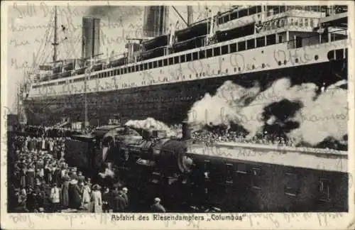 Ak Dampfer Columbus, Ankunft und Anbordgehen der Passagiere, Dampflok