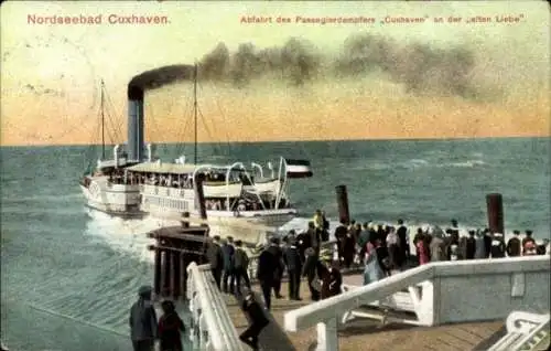 Ak Passagierdampfer Cuxhaven, Abfahrt an der alten Liebe, Raddampfer