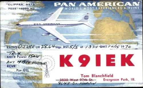 QSL Funkerkarte K9IEK, Tom Blanchfield, Evergreen Park Illinois, Flugzeug Pan American Clipper