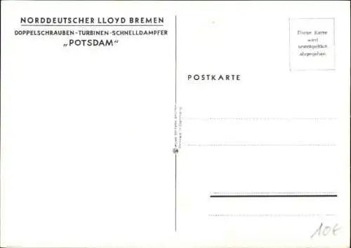 Künstler Ak Schmidt, R., Doppelschrauben Turbinen Schnelldampfer Potsdam, Norddeutscher Lloyd