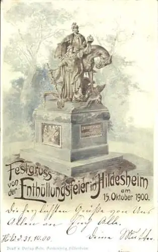 Litho Hildesheim in Niedersachsen, Kaiser Wilhelm Reiterdenkmal, Enthüllungsfeier 15.10.1900