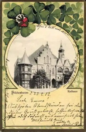 Passepartout Ak Hildesheim in Niedersachsen, Rathaus, Kleeblätter, Wappen