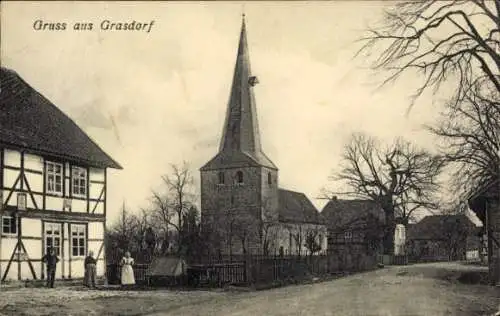 Ak Grasdorf Holle Niedersachsen, Kirche, Straßenpartie