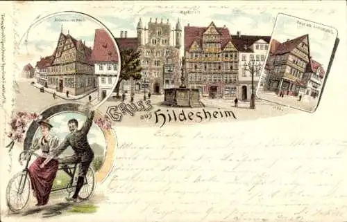 Litho Hildesheim in Niedersachsen, Altdeutsches Haus, Marktplatz, Tandem, Andreasplatz