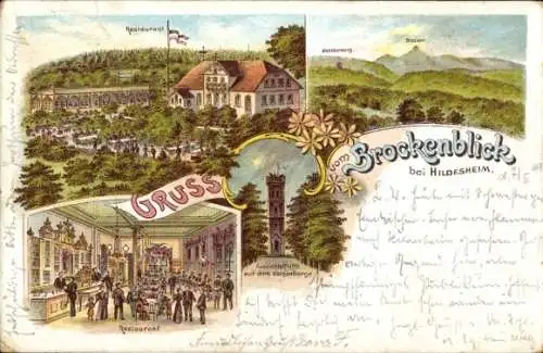 Litho Hildesheim in Niedersachsen, Gasthaus Brockenblick, Aussichtsturm Galgenberg