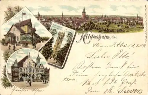 Litho Hildesheim in Niedersachsen, Gasthaus auf dem Galgenberg, Aussichtsturm, Rathaus, Panorama