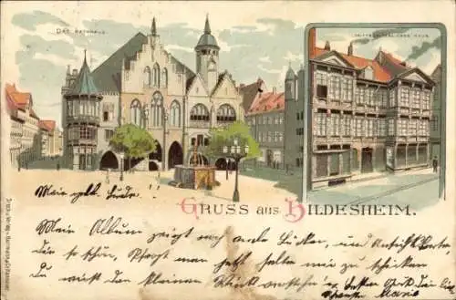 Litho Hildesheim, Rathaus, mittelalterliches Haus, Brunnen