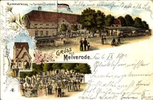 Litho Melverode Braunschweig in Niedersachsen, Gasthaus Kammerkrug, Straßenbahnen