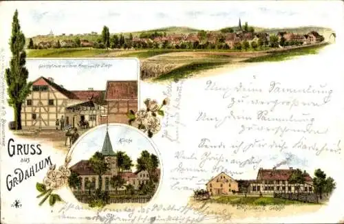 Litho Groß Dahlum in Niedersachsen, Gehöft, Kirche, Gasthof, Totalansicht