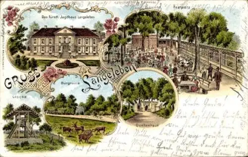 Litho Langeleben Königslutter am Elm, Fürstliches Jagdhaus, Glocke, Burgruine, Quellenhaus