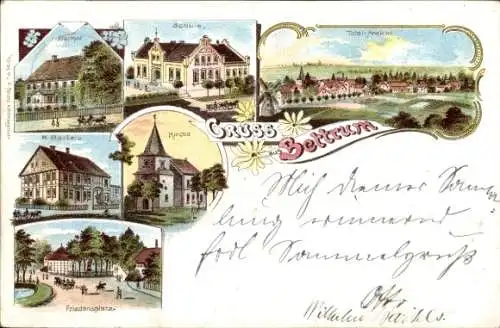 Litho Bettrum Söhlde Niedersachsen, Geschäftshaus H. Bartels, Pfarrhof, Schule,Kirche, Friedensplatz