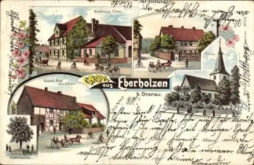 Litho Eberholzen Sibbesse in Niedersachsen, Kirche, Gasthaus, Post, Schule