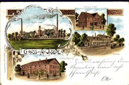 Litho Groß Ilsede in Niedersachsen, Bahnhof, Gleisseite, Kaufhaus, Gasthof Mayerhoff, Hüttenwerk