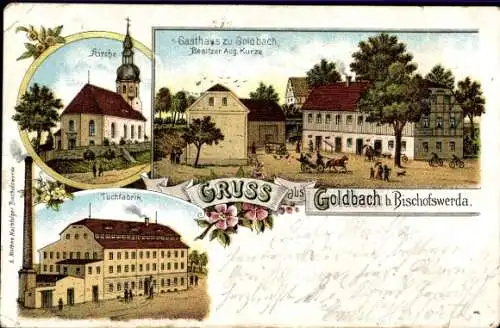 Litho Goldbach Bischofswerda im Kreis Bautzen, Gasthaus, Kirche, Tuchfabrik