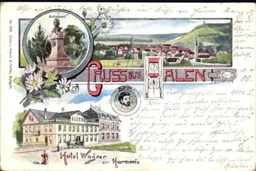 Litho Aalen im Ostalbkreis Württemberg, Hotel zur Harmonie, Schubart Denkmal, Totalansicht, Spion