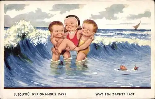 Künstler Ak Scheuermann, Willi, Mädchen im Badeanzug wird von zwei Jungen gerettet