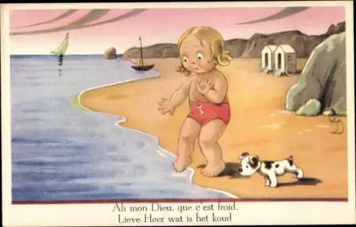 Künstler Ak Scheuermann, Willi, Mädchen am Strand, kaltes Wasser, Hund