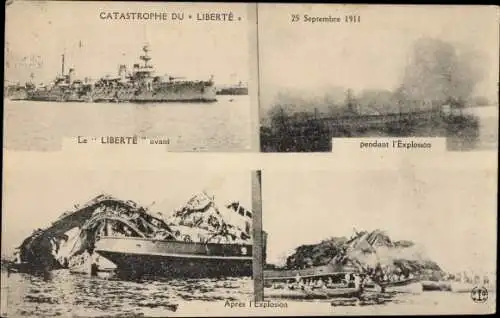 Ak Französisches Kriegsschiff, Liberte, vor und nach der Explosion 1911