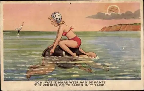 Künstler Ak Scheuermann, Willi, Frau im Bikini sitzt auf einem schwimmenden Mann
