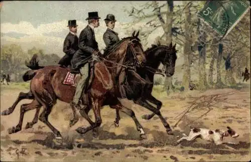 Künstler Litho Drei Herren beim Ausritt, Jagdhund