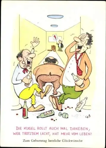 Künstler Ak Glückwunsch Geburtstag, Männer beim Kegeln, Kegelbahn