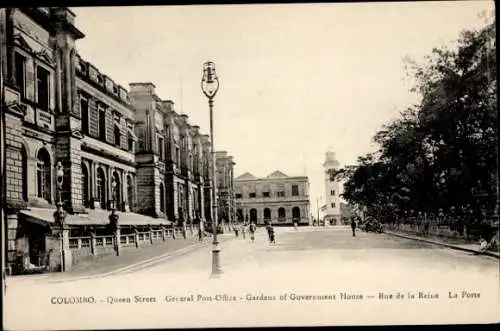 Ak Colombo Ceylon Sri Lanka, Queen Street, Postamt, Gärten des Regierungsgebäudes