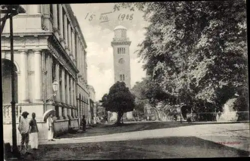 Ak Colombo Ceylon Sri Lanka, Queen Street und Glockenturm