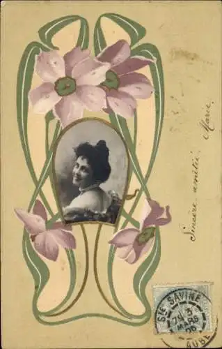 Präge Passepartout Litho Portrait einer Frau, Halskette, Blumen