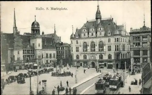 Ak Halle an der Saale, Partie am Marktplatz, Straßenbahnen