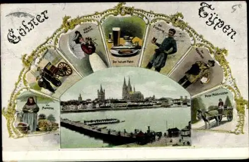 Passepartout Ak Köln am Rhein, Stadttypen, Fächer, Schiffbrücke, Milchmädchen, Kölsch Mädche