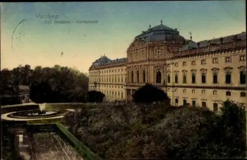 Ak Würzburg am Main Unterfranken, königliche Residenz, Gartenseite