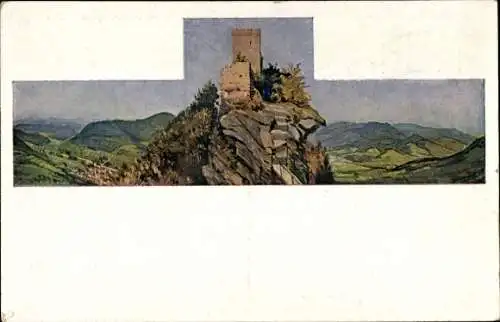 Künstler Ak Annweiler am Trifels, Blick vom Trifelsen auf die Burg und das Queichtal