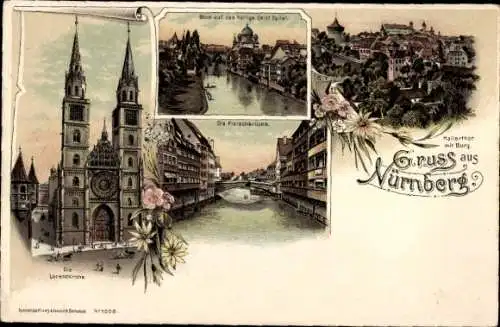 Litho Nürnberg, Halltor mit Burg, Fleischbrücke, Lorenzkirche, Heilige Geist Spital