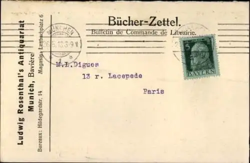 Ak München, Bücher-Zettel, Katalogeintrag, Ludwig Rosenthal