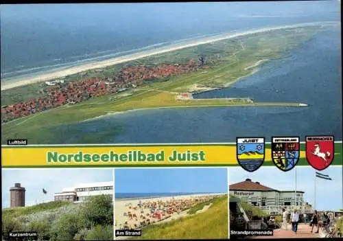 Ak Nordseebad Juist in Ostfriesland, Luftbild, Panorama, Strandpromenade, Kurzentrum, Am Strand