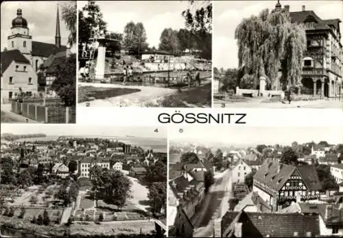 Ak Gößnitz in Thüringen, Marktgasse, Schwimmbad, Goethebrunnen, Teilansichten der Stadt