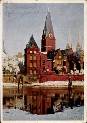Ak Hansestadt Bremen, Martinikirche, Uferpartie, Schneelandschaft