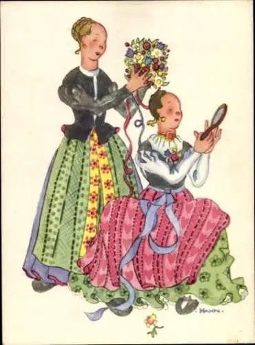 Künstler Ak Hahn, Vor der Trauung, Tracht, Blumenkranz