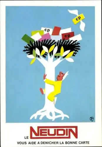 Ak Post, Neudin-Postkarten, Werbung, Mann klettert einen Baum hoch
